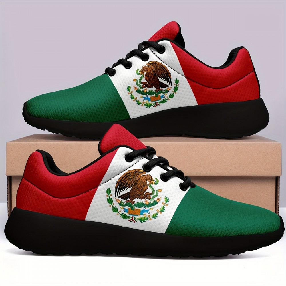 Plus Size Men's Trendy Mexico National Flag Pattern Sneakers, Comfy Non Slip Casual Soft Sole Lace Up Shoes For Men's Outdoor Activities