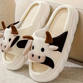 Men's Cartoon Milk Cow Graphic Slippers, Funny Animal Home Slipper Non-slip Open Toe Slippers With Linen Uppers For Indoor Walking