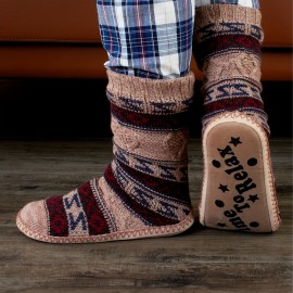 Men's Slipper Socks, Winter Cable Knit Non-Skid Warm Slipper Socks, Cozy Soft Indoor Socks, Fluffy Sherpa Shoes