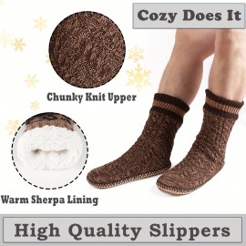 Men's Slipper Socks, Winter Cable Knit Non-Skid Warm Slipper Socks, Cozy Soft Indoor Socks, Fluffy Sherpa Shoes