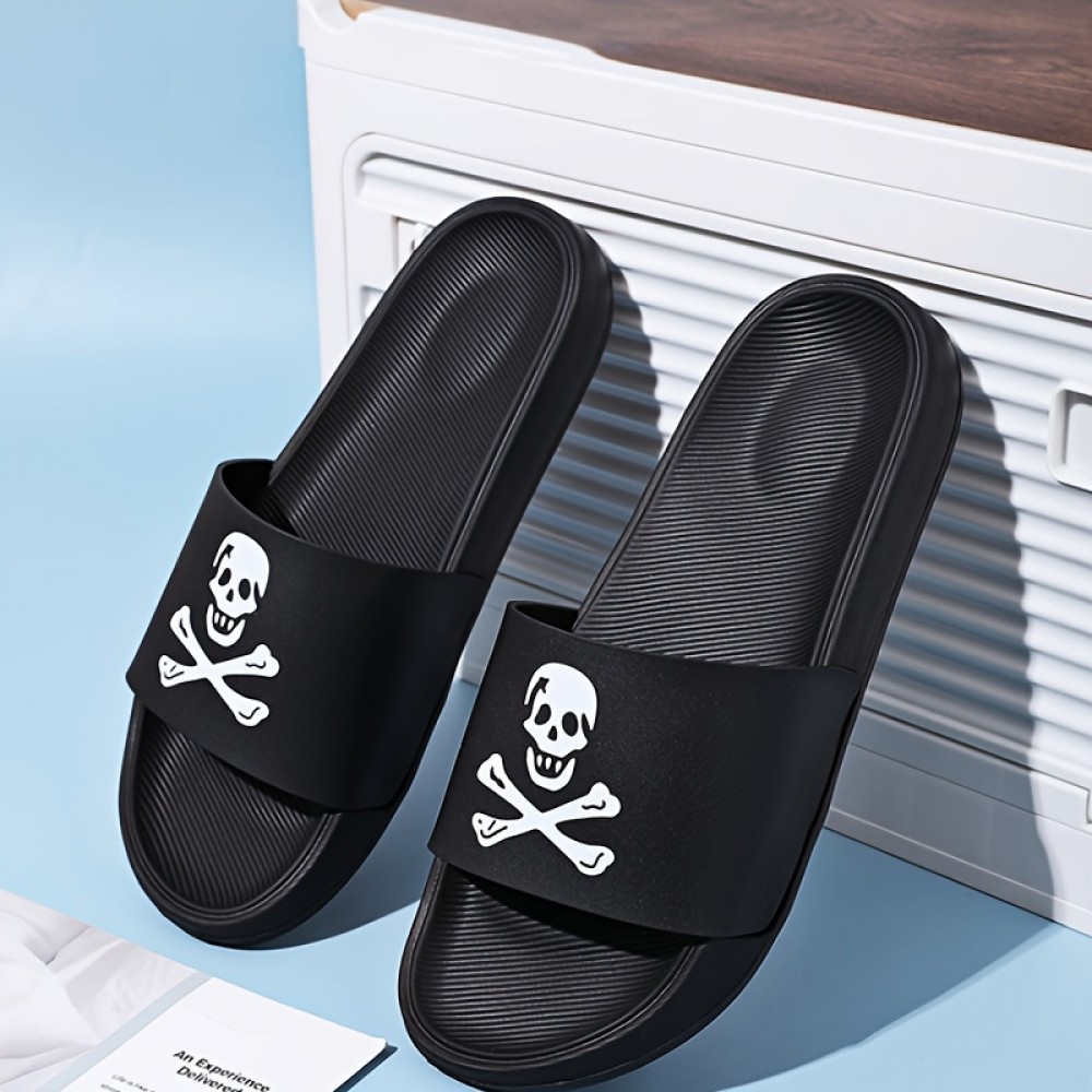 Skull And Crossbones Print Slides For Men, Casual Non Slip Slippers, Open Toe Shoes For Indoor Outdoor Beach Shower