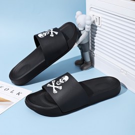 Skull And Crossbones Print Slides For Men, Casual Non Slip Slippers, Open Toe Shoes For Indoor Outdoor Beach Shower