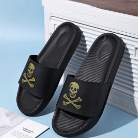 Skull And Crossbones Print Slides For Men, Casual Non Slip Slippers, Open Toe Shoes For Indoor Outdoor Beach Shower