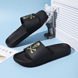 Skull And Crossbones Print Slides For Men, Casual Non Slip Slippers, Open Toe Shoes For Indoor Outdoor Beach Shower