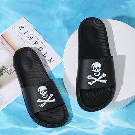 Skull And Crossbones Print Slides For Men, Casual Non Slip Slippers, Open Toe Shoes For Indoor Outdoor Beach Shower