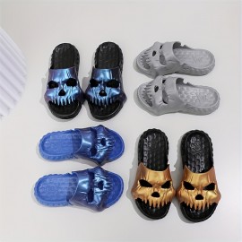 Men's Fashion Skull Graphic Slides, Casual Non Slip Slippers, Open Toe Shoes For Indoor Outdoor Beach Shower, Spring And Summer