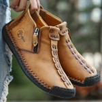 Men's Handmade Stitching Ankle Boots, Casual Lightweight Zipper Outdoor Walking Sneakers, Men's Loafer Shoes