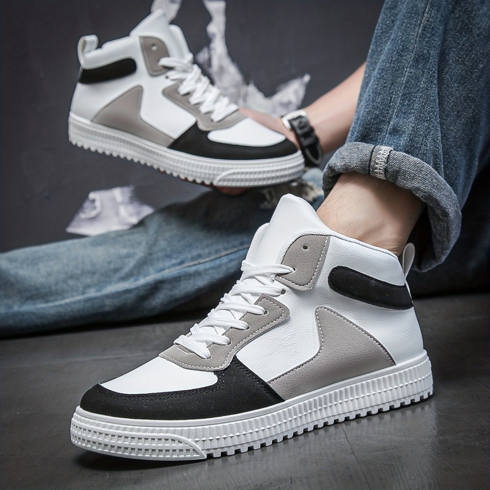 Men's Trendy Color Block Lace Up High Top Skate Shoes, Casual Breathable Comfy Anti-skid Sneakers