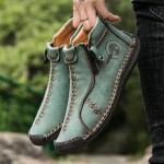 Men's Handmade Lace Free Boots With Zippers, Green Stitched High Top Shoes For Outdoor Walking Hiking Trekking