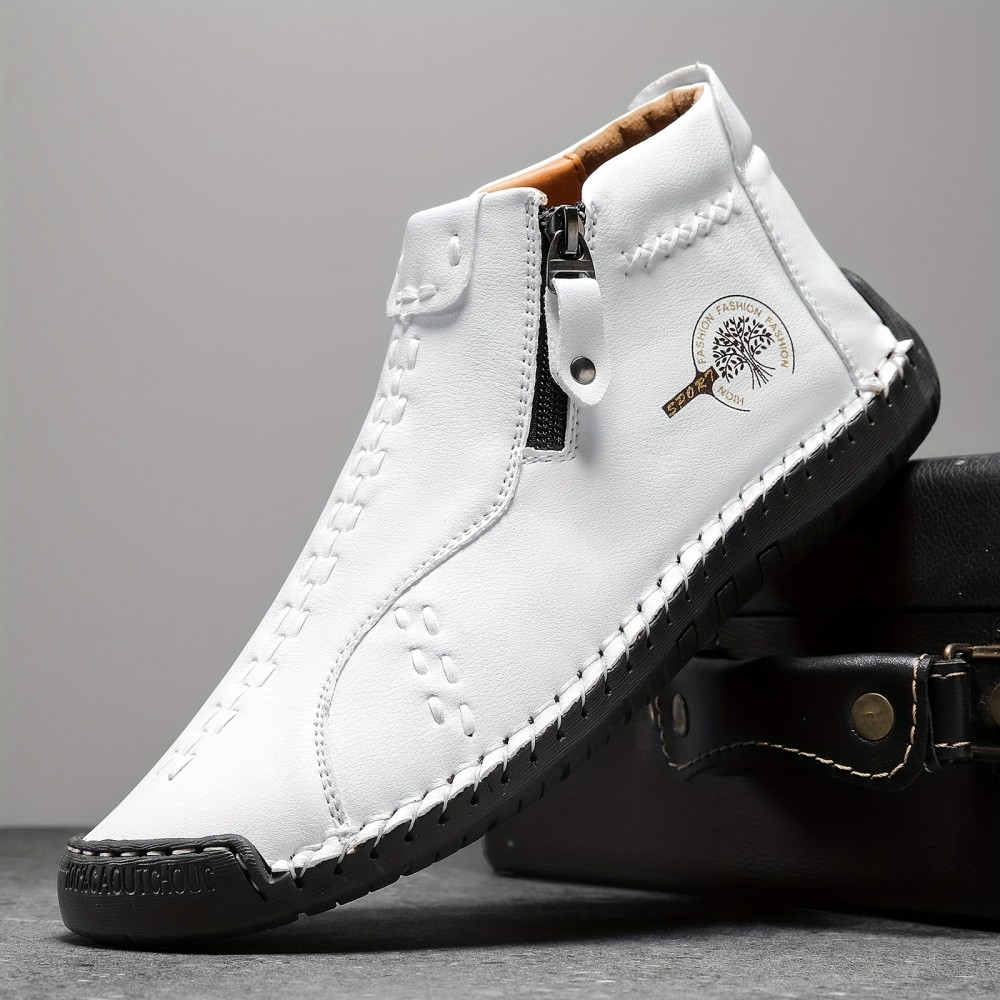 Men's Fashion Leather Boots,  Side-zip And High-top Casual Outdoor Boots With Rubber Sole