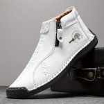 Men's Fashion Leather Boots,  Side-zip And High-top Casual Outdoor Boots With Rubber Sole