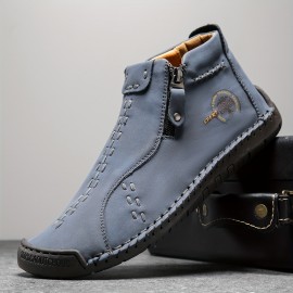 Men's Fashion Leather Boots,  Side-zip And High-top Casual Outdoor Boots With Rubber Sole