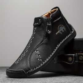 Men's Fashion Leather Boots,  Side-zip And High-top Casual Outdoor Boots With Rubber Sole