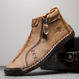 Men's Fashion Leather Boots,  Side-zip And High-top Casual Outdoor Boots With Rubber Sole