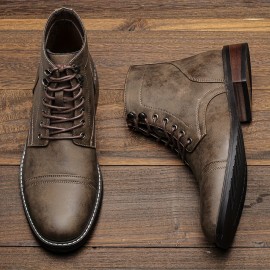 Men's Trendy Vintage Cap-toe Boots, Breathable High-top Lace-up Boots For Outdoor