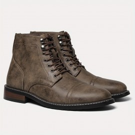 Men's Trendy Vintage Cap-toe Boots, Breathable High-top Lace-up Boots For Outdoor