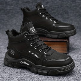 Men's PU Leather Work Boots, High Top Non-slip Wear Resistant Lace-up Boots For Outdoor Walking Hiking Climbing