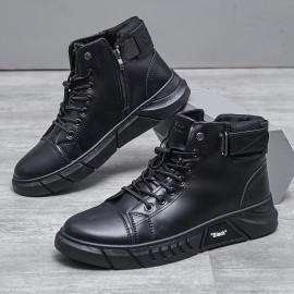 Men's Solid High Top Boots, Classic Non Slip Comfy Leather Boots For Men's Winter And Autumn Outdoor Activities