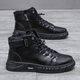 Men's Solid High Top Boots, Classic Non Slip Comfy Leather Boots For Men's Winter And Autumn Outdoor Activities