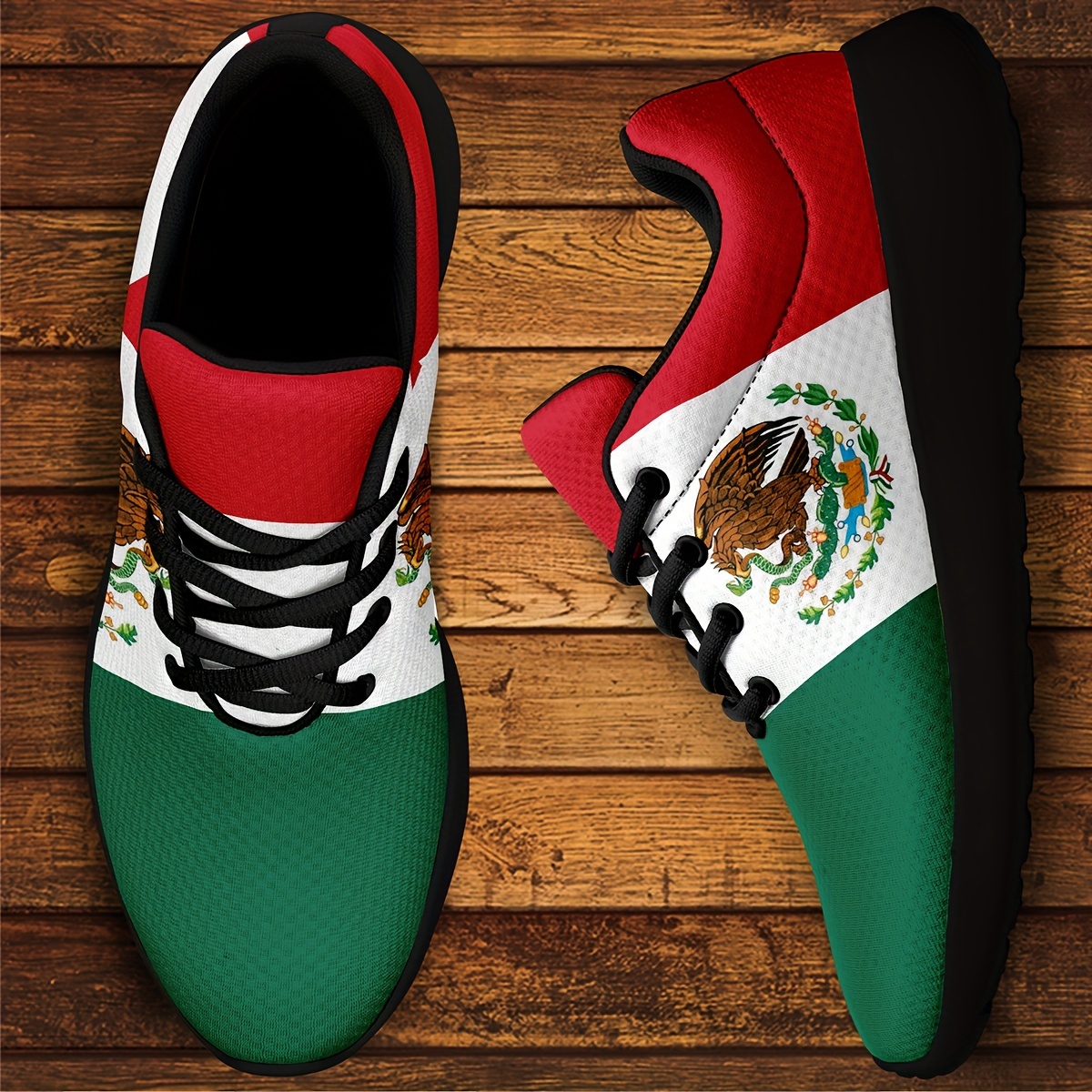 plus size mens trendy mexico national flag pattern sneakers comfy non slip casual soft sole lace up shoes for mens outdoor activities details 0