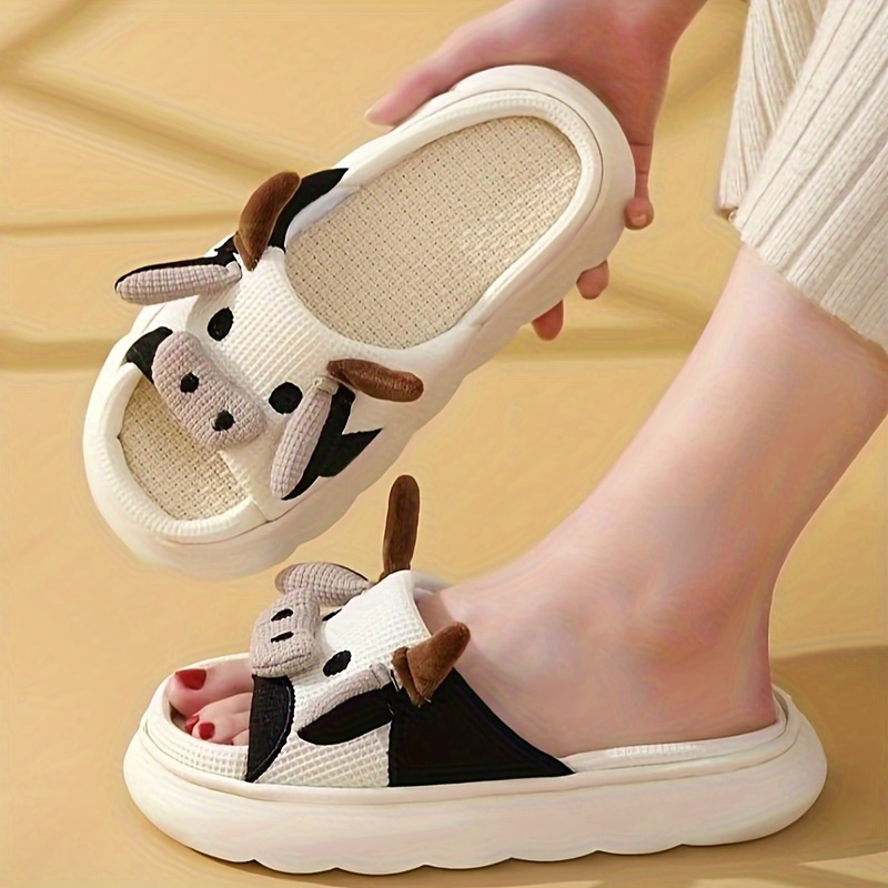 mens cartoon milk cow graphic slippers funny animal home slipper non slip open toe slippers with linen uppers for indoor walking details 0