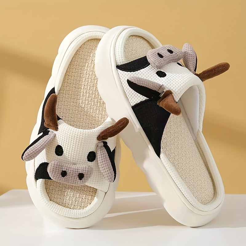 mens cartoon milk cow graphic slippers funny animal home slipper non slip open toe slippers with linen uppers for indoor walking details 2