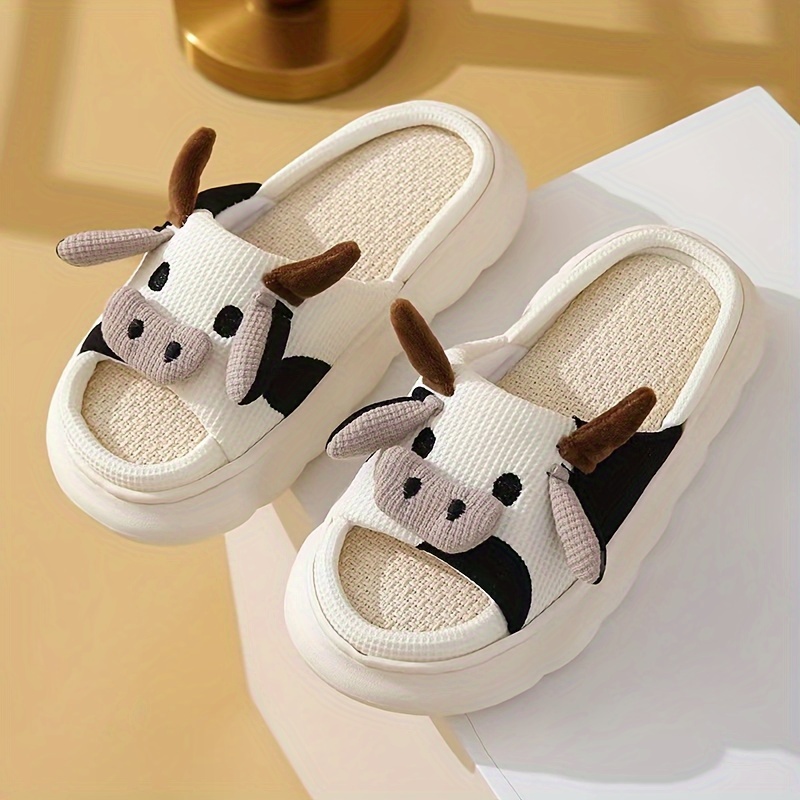 mens cartoon milk cow graphic slippers funny animal home slipper non slip open toe slippers with linen uppers for indoor walking details 5