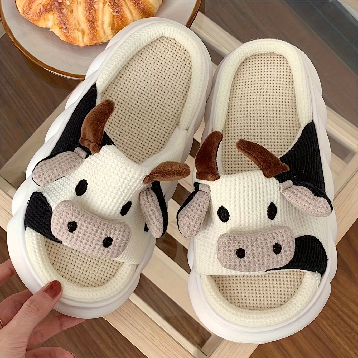 mens cartoon milk cow graphic slippers funny animal home slipper non slip open toe slippers with linen uppers for indoor walking details 7