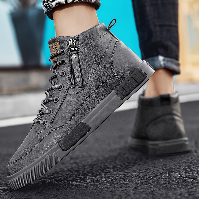 mens microfiber leather ankle skate shoes breathable wear resistant anti skid lace up shoes with side zippers decor for outdoor spring and autumn details 5