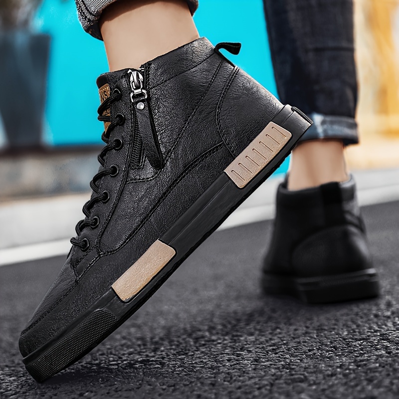 mens microfiber leather ankle skate shoes breathable wear resistant anti skid lace up shoes with side zippers decor for outdoor spring and autumn details 12